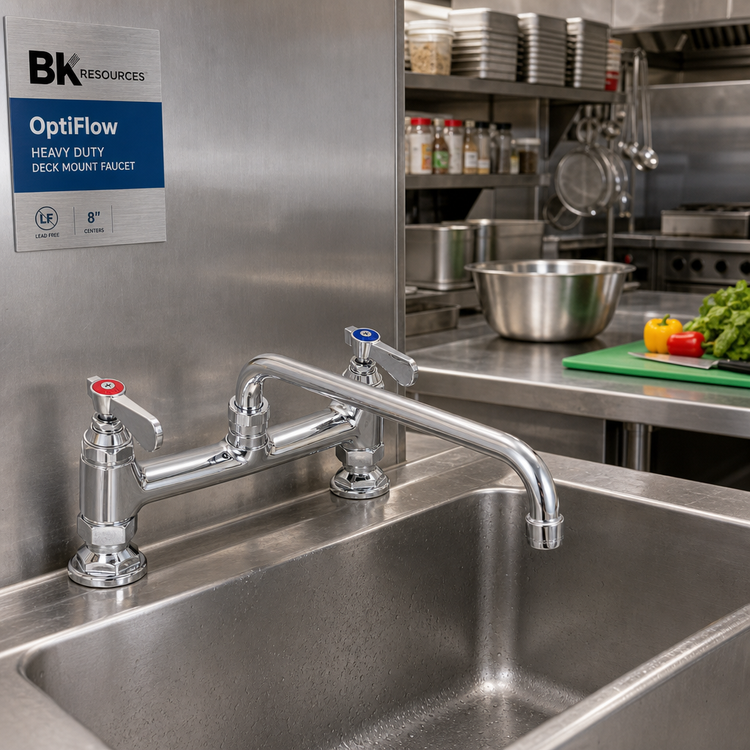 Product image #2 for BK Resources OptiFlow Heavy Duty Deck Mount Manual Faucet with 12-Inch Swing Spout, 8-Inch Centers, Lead Free