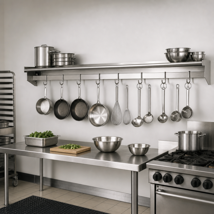 Product image #2 for Eagle Group Commercial Wall-Mounted Stainless Steel Pot Rack Wall Shelf, 144 x 18 Inches, with 12 Removable Hooks