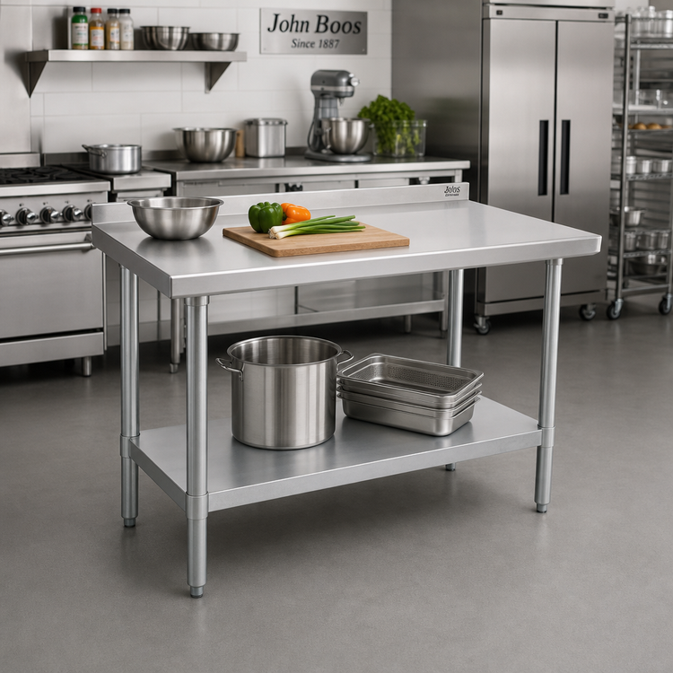 Product image #2 for John Boos Stallion 60 Inch x 18 Inch Stainless Steel Budget Work Table with 1-1/2 Inch Backsplash, Undershelf, and Safety Edge