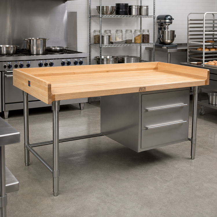 Product image #2 for John Boos BT3S04 96-Inch x 30-Inch Baker's Table with 1-3/4-Inch Maple Top, 3 Drawers, and Stainless Steel Base