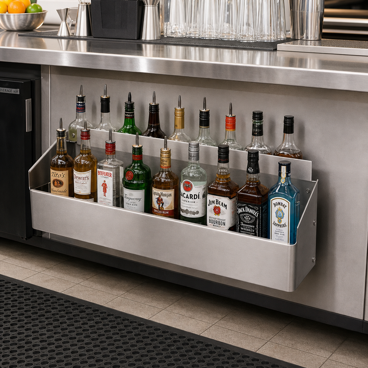 Product image #2 for Advance Tabco Underbar Basics™ Double-Tier Standard-Duty Stainless Steel Speed Rail, 30-Inch, 16-18 Bottle Capacity