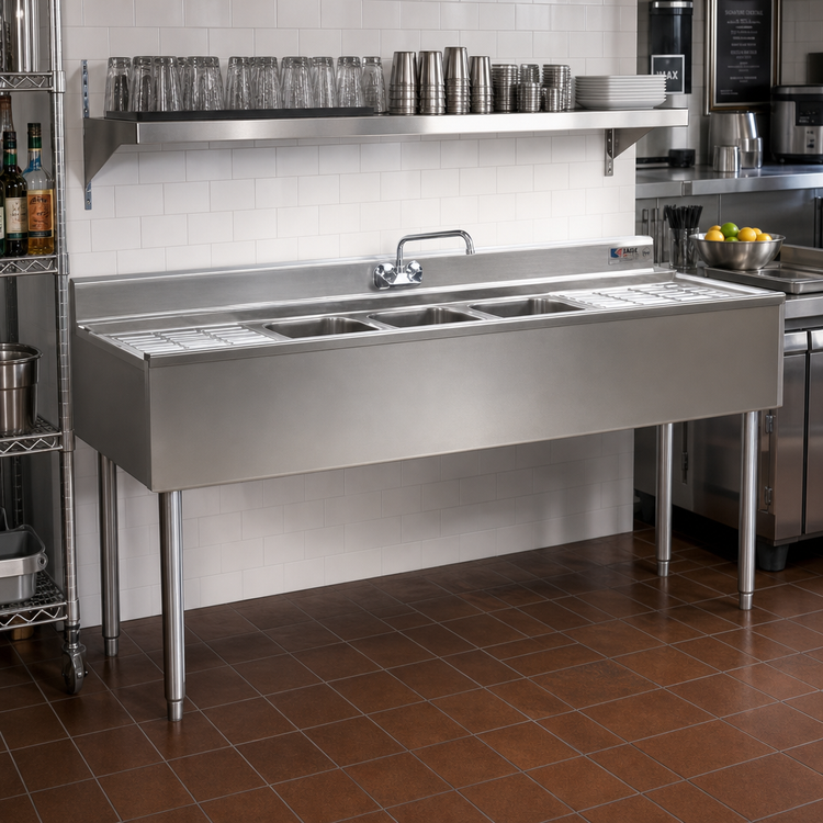 Product image #2 for Eagle Group 2200 Series Three-Compartment Underbar Sink Unit with Left and Right Drainboards, 96" x 24", 304 Stainless Steel