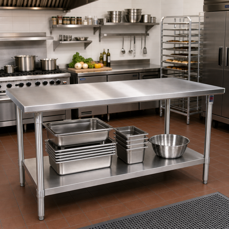 Product image #2 for John Boos Stallion 120"W x 36"D Flat Top Stainless Steel Work Table with Adjustable Undershelf and Safety Edge