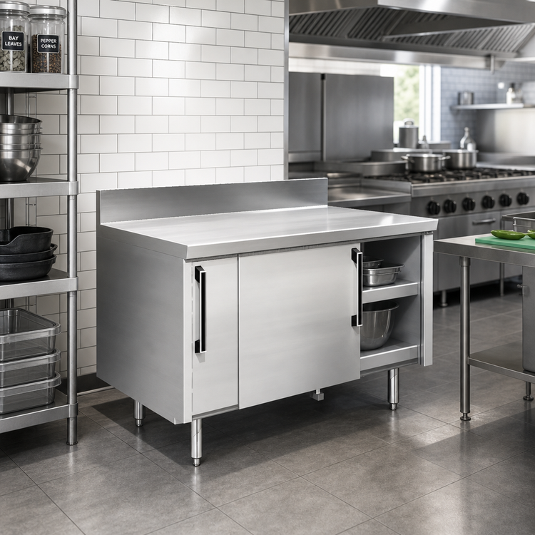 Product image #2 for La Rosa Sliding Door Utility Stand Cabinet Base, 48 Inch Wide x 28 Inch Deep, Stainless Steel
