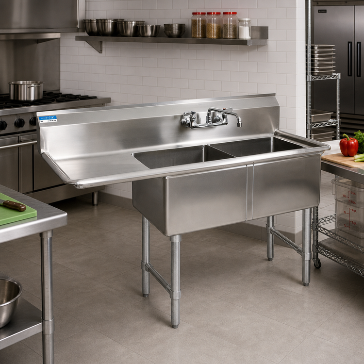 Product image #2 for BK Resources Two-Compartment Stainless Steel Sink with Left Drainboard, 18" x 18" x 12" Bowls