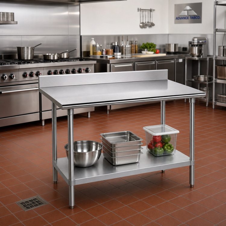 Product image #2 for Advance Tabco 48-Inch x 24-Inch Stainless Steel Work Table with 5-Inch Backsplash and Galvanized Undershelf