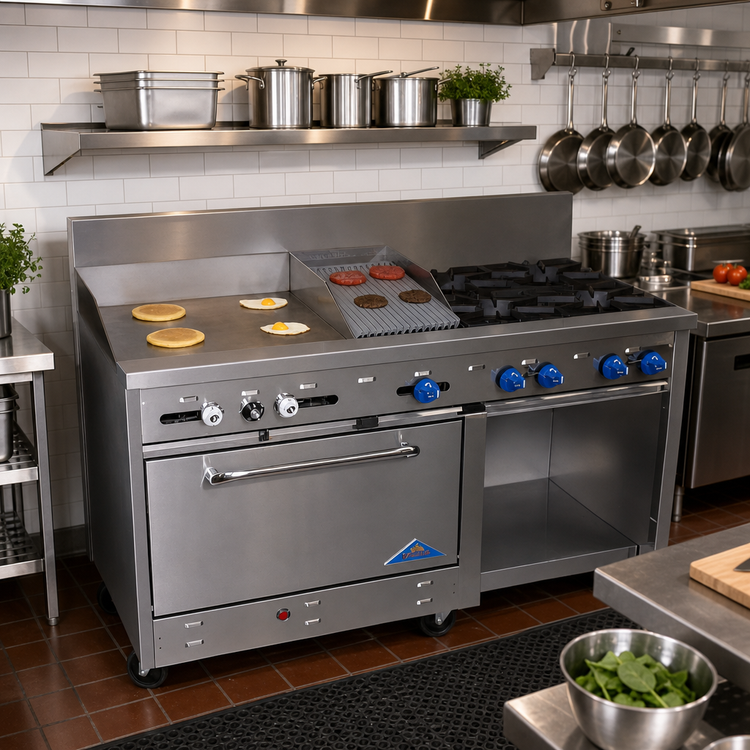 Product image #2 for Comstock-Castle 60-Inch Commercial Gas Range with 2 Star Burners, 30-Inch Griddle, 18-Inch Char-Broiler, Oven, and Cabinet Base Storage