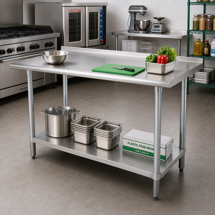 Product image #2 for Advance Tabco Special Value 60" x 36" 430 Stainless Steel Work Table with 1-1/2" Rear Backsplash and Adjustable Undershelf