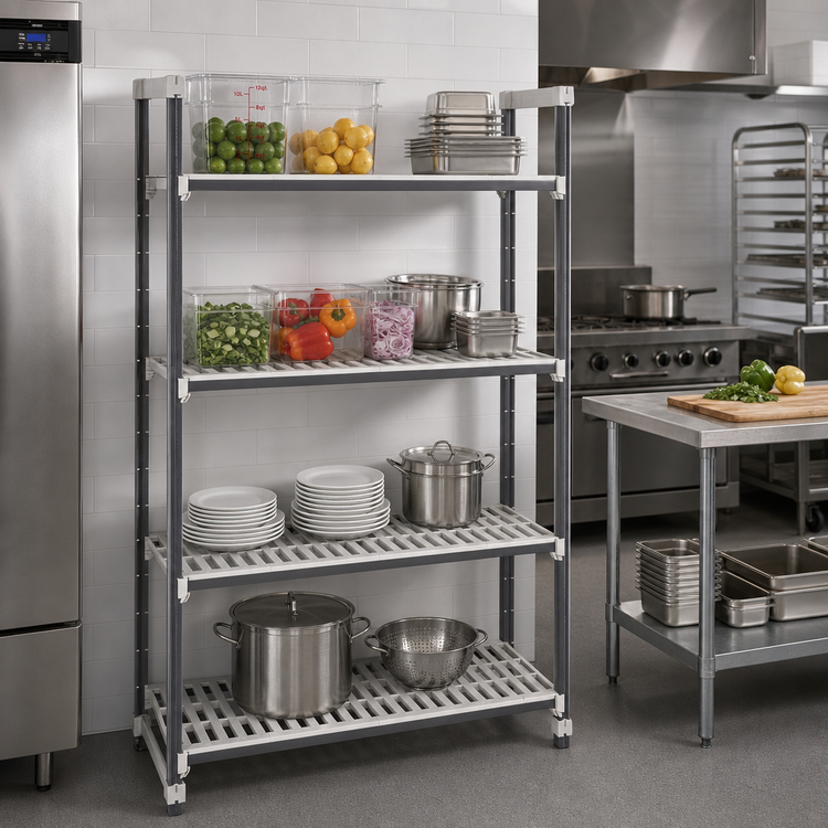 Product image #2 for Cambro Camshelving Elements XTRA High Density Top Rail Stationary Starter Unit, 18"D x 54"L x 81"H, 4-Shelf Vented, Speckled Gray
