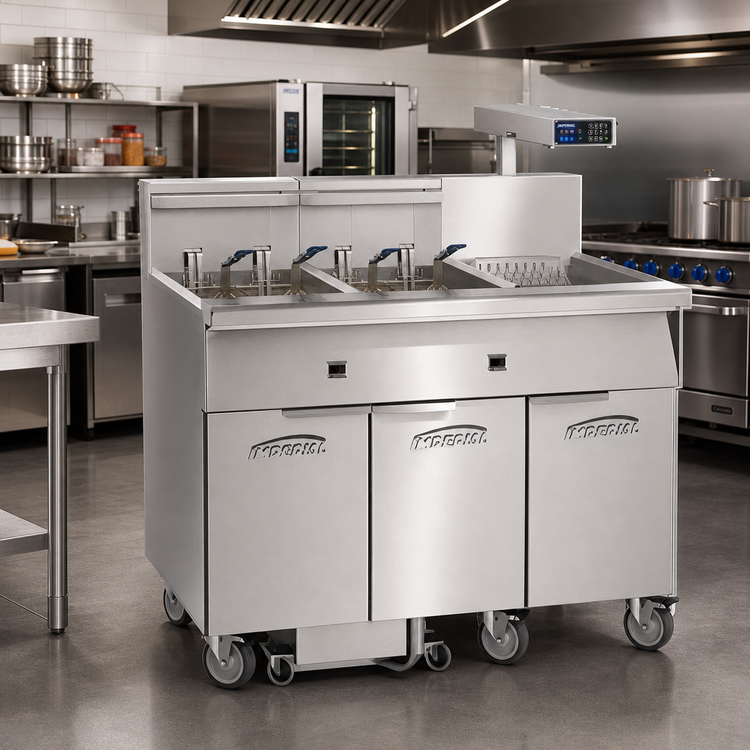 Product image #2 for Imperial Electric Floor Fryer with 3 Tanks, 50 lb. Capacity Each, Built-In Filter System and Computer Controls