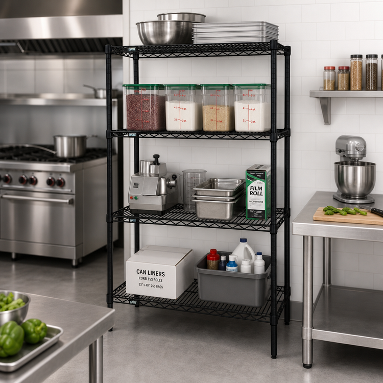 Product image #2 for Quantum 24 in. W x 24 in. D x 86 in. H Stationary Wire Shelving Starter Kit with 4 Shelves, Black Epoxy Antimicrobial Finish