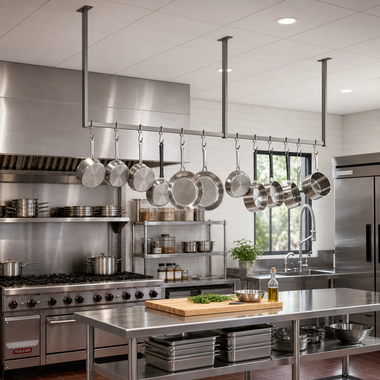 Product image #2 for John Boos Ceiling-Mounted Single-Bar Stainless Steel Pot Rack with 11 Double Hooks, 127-1/4-Inch W x 1-5/8-Inch D x 48-Inch H