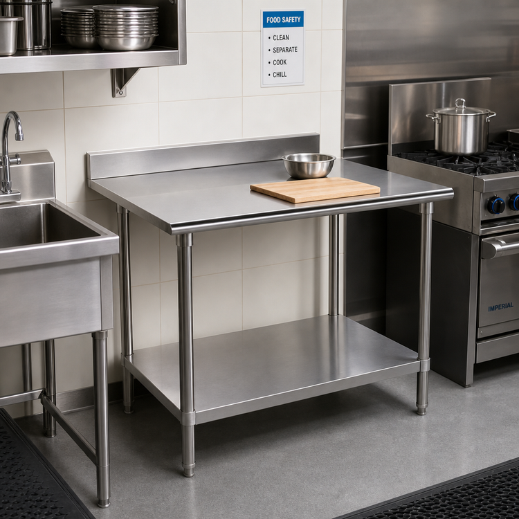 Product image #2 for Advance Tabco Corner Work Table with 5-Inch Backsplash, 30 x 24 Inch, 16-Gauge 430 Stainless Steel Top