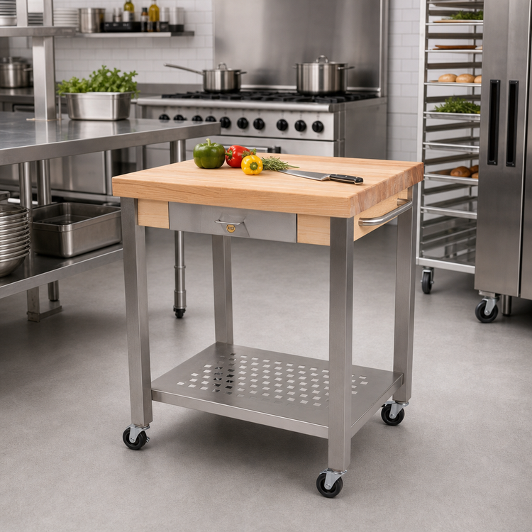 Product image #2 for John Boos Cucina Technica 30-Inch x 24-Inch Edge Grain Maple Butcher Block Cart with Drawer and Stainless Steel Shelf
