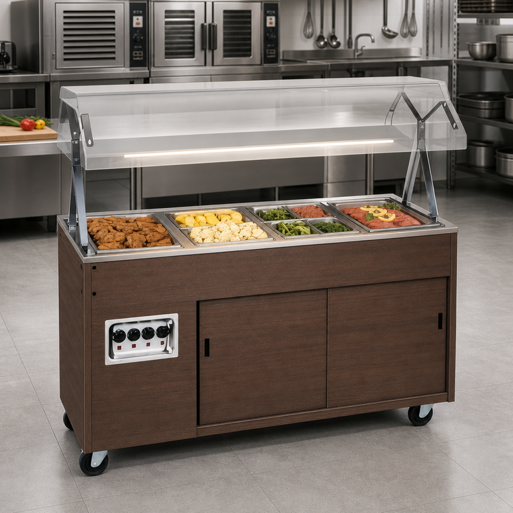 Product image #2 for Vollrath 2-Series Affordable Portable 4-Well Mobile Hot Food Station with Buffet Breath Guard and Lights, Enclosed Sliding-Door Base, Walnut Woodgrain
