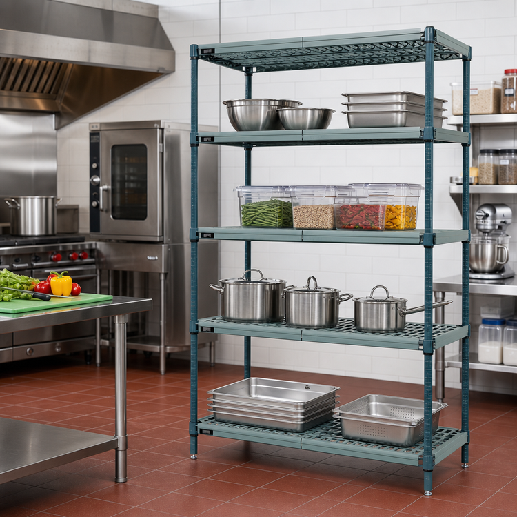 Product image #2 for Quantum 4-Tier Stationary Wire Plastic Mat Shelving Unit, 36 W x 18 D x 63 H, Green Epoxy