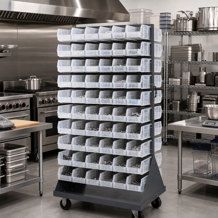 Product image #2 for Quantum Mobile Double-Sided Louvered Bin Rack with 120 Clear Bins, 36 x 25 x 72 Inches, 1200 lb Capacity