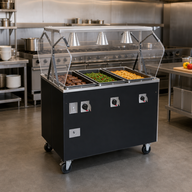 Product image #2 for Vollrath 2-Series Affordable Portable Deluxe 3-Well Mobile Hot Food Station with Buffet-Style Breath Guard