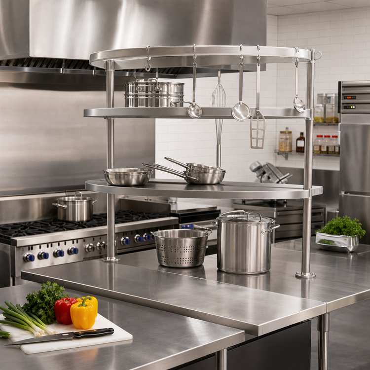 Product image #2 for Advance Tabco 48-Inch Semi-Circular Table-Mounted Stainless Steel Pot Rack with 12 Hooks and Utensil Rack
