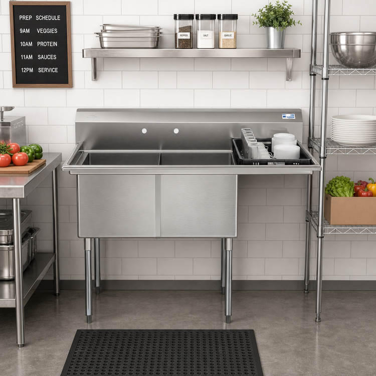 Product image #3 for KoolMore 57-Inch 18-Gauge 2-Compartment Stainless Steel Commercial Sink with Backsplash and Right Drainboard