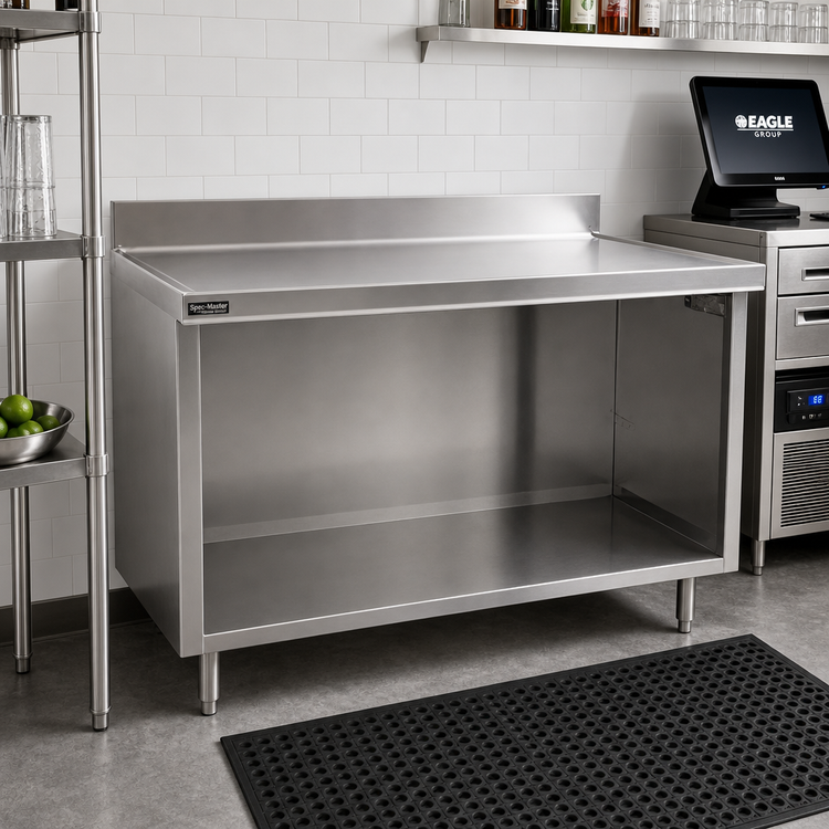Product image #2 for Eagle Spec-Master Marine Series Underbar Work Table with Open Front Cabinet Base and 4-1/2 Inch Backsplash, 96 Inch x 30 Inch