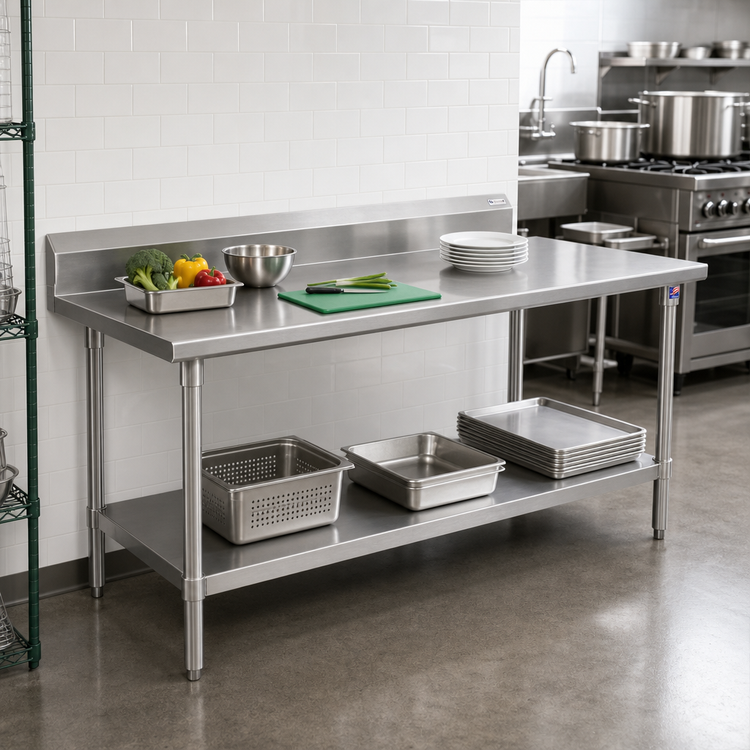 Product image #2 for John Boos Stallion 120" x 24" 16-Gauge 300-Series Stainless Steel Work Table with 5" Backsplash, Safety Edge Front, and Adjustable Undershelf