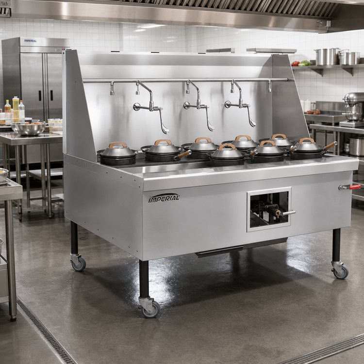 Product image #2 for Imperial 214-Inch Gas Wok Range with 8 Burners, Water-Cooled Top, and Built-In Drain System
