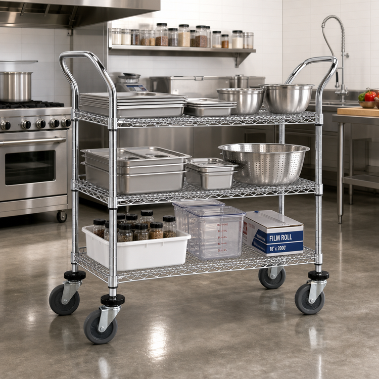 Product image #2 for Chrome-Plated 3-Shelf Wire Utility Bus Cart, 1200 lb Capacity