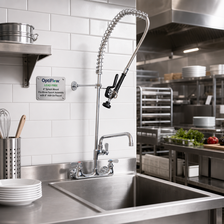 Product image #2 for OptiFlow Lead Free 8-Inch Splash Mount Pre-Rinse Faucet Assembly with 8-Inch Add-On Faucet