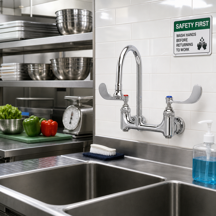 Product image #2 for Low-Lead Medical Wall-Mount Mixing Faucet, 8-Inch Centers, 5-3/4-Inch Swivel Gooseneck