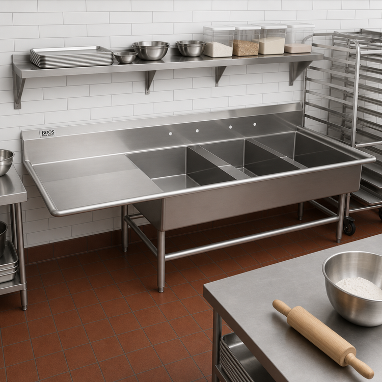 Product image #2 for John Boos Pro-Bowl 3-Compartment Bakery Sink with Left Drainboard, 84-3/16 Inch x 33-1/2 Inch, Stainless Steel