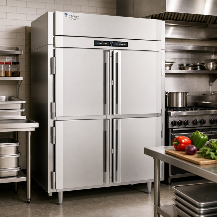 Product image #3 for Victory UltraSpec Extra Wide Dual-Temp Reach-In Warming Cabinet/Refrigerator, 2-Section, 4 Half-Height Doors, Stainless Steel