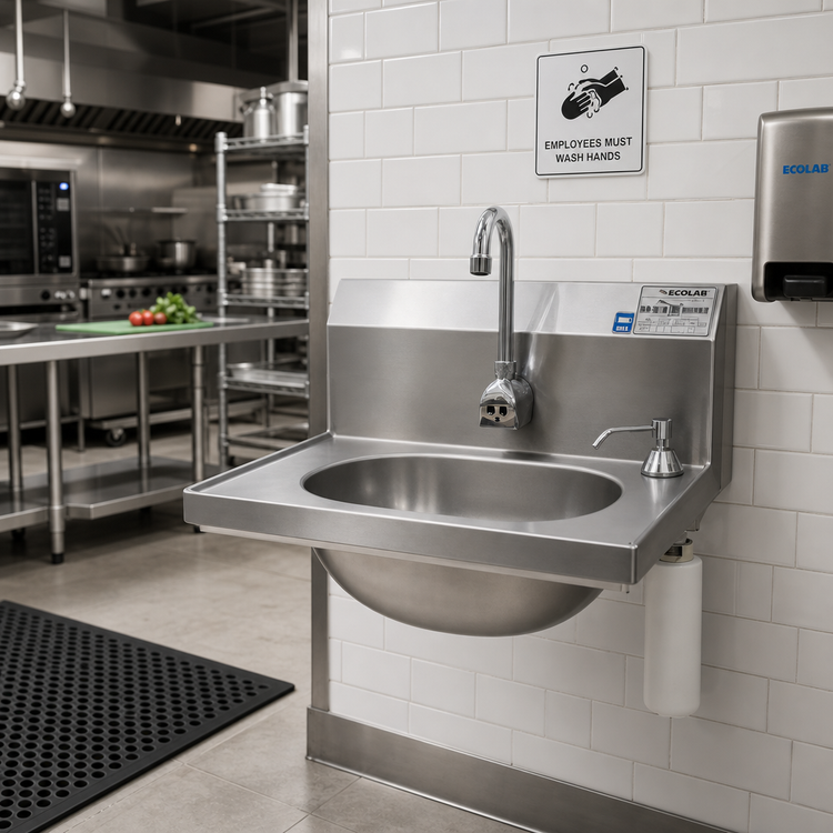 Product image #2 for Eagle Group Wall-Mount Hand Sink with Battery-Powered Electronic Eye Gooseneck Spout, Soap Dispenser, Basket Drain, 304 Stainless Steel