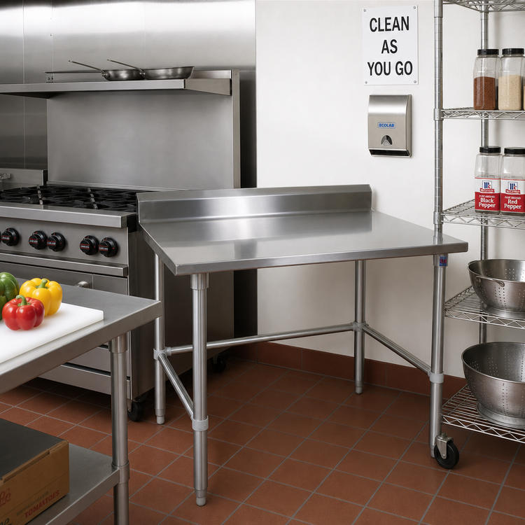 Product image #2 for John Boos Stallion 30 x 36-Inch Corner Stainless Steel Work Table with 5-Inch Backsplash
