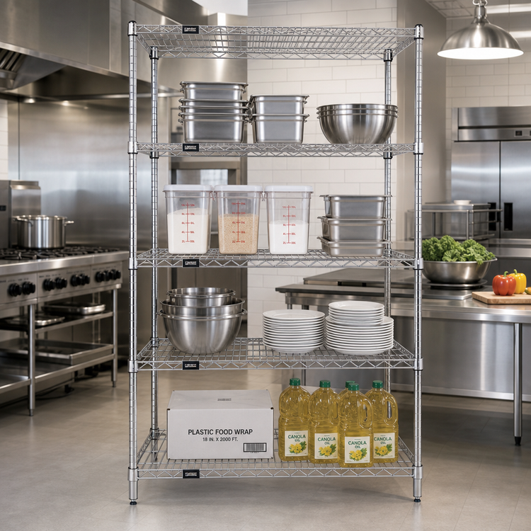 Product image #2 for Quantum 60 in. W x 12 in. D x 63 in. H 304 Stainless Steel Stationary Wire Shelving Starter Kit, 5 Shelves