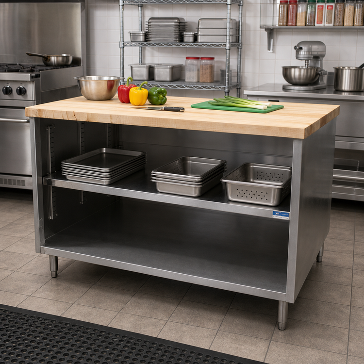 Product image #2 for BK Resources Chef Table with 1-3/4-Inch Hard Maple Top and Open Front Stainless Steel Cabinet Base, 48 x 30 x 34-3/4 Inches