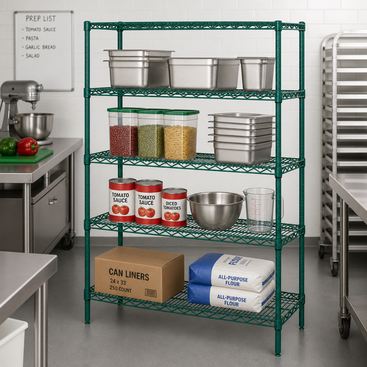 Product image #2 for Quantum 54-Inch W x 21-Inch D x 54-Inch H Wire Shelving Starter Kit with 5 Shelves, 4 Posts, Green Epoxy Finish