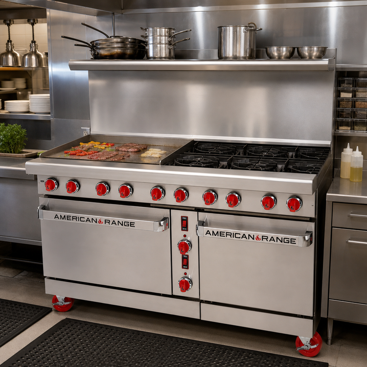 Product image #2 for American Range 60-Inch Green Flame Commercial Gas Range with 36-Inch Griddle, 4 Open Burners, Convection Oven and Space Saver Oven