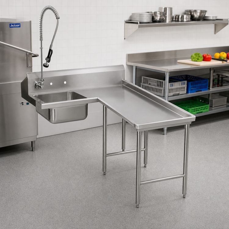 Product image #2 for Klinger's Trading Island Corner Soiled Dish Table with 20" x 20" x 5" Pre-Rinse Sink and 10" Backsplash
