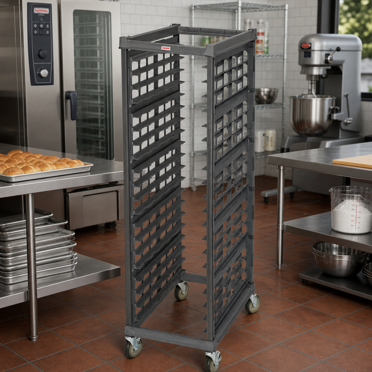 Product image #3 for Cambro Camshelving Ultimate End-Load Full-Size Mobile Sheet Pan Rack, 3-Inch Rail Spacing, Factory Assembled, Metal Casters, Brushed Graphite