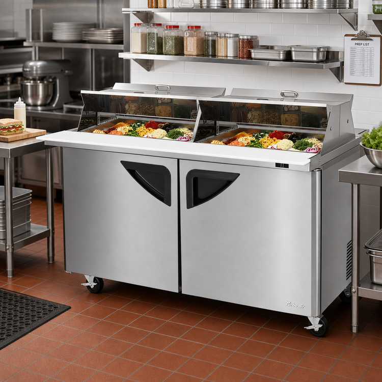 Product image #2 for Turbo Air Super Deluxe 60-Inch Two-Section Sandwich/Salad Mega Top Prep Table with Dual-Sided Lids, 24-Pan Opening