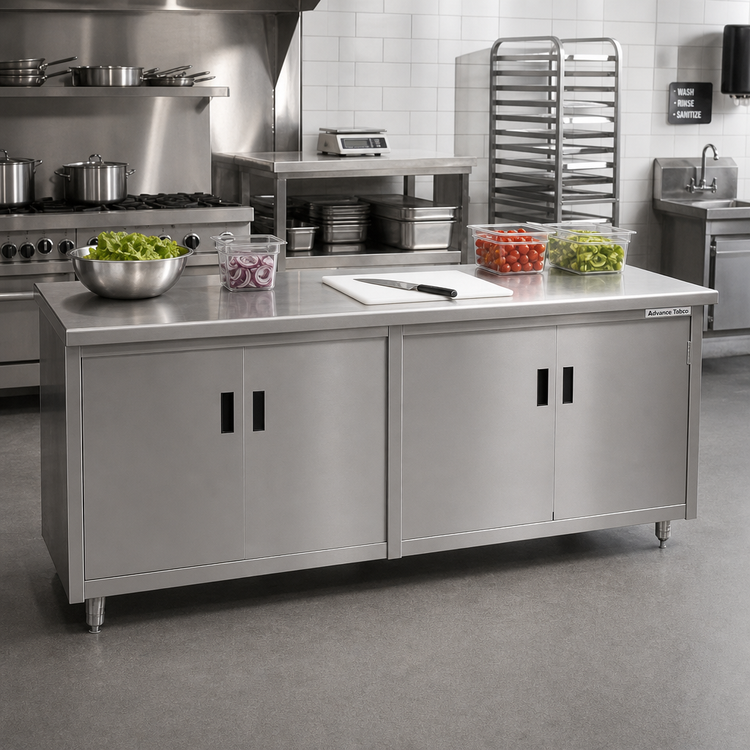 Product image #2 for Advance Tabco Special Value Economy Enclosed Work Table with Cabinet Base and Hinged Doors, 72 x 24 Inch, 304 Stainless Steel Top