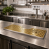 Thumbnail image #2 for Micro Matic Surface Mount Drip Tray Trough with Integral Glass Rinser, Metropolis T Cutout, 34 Inch, PVD Brass/Stainless Steel