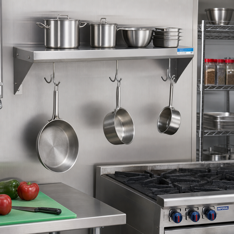 Product image #2 for BK Resources Economy Wall-Mount T-430 Stainless Steel Pot Rack Shelf, 24 x 12 Inches