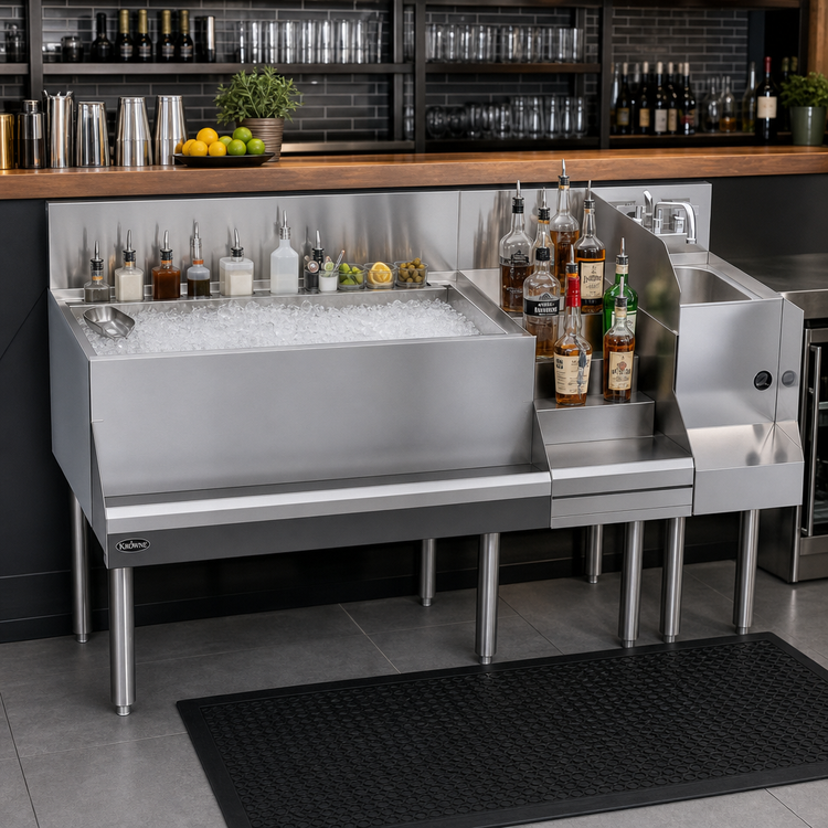 Product image #3 for Krowne Royal Series 60-Inch Underbar Ice Bin/Cocktail Station with 36-Inch Center Ice Bin, 10-Circuit Cold Plate, Blender Sink, and Liquor Display