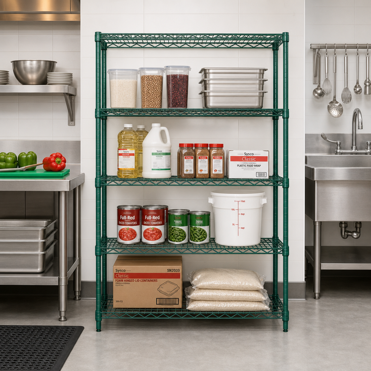 Product image #2 for Quantum 54"W x 21"D x 54"H Stationary Wire Shelving Starter Kit with 4 Shelves, Green Epoxy Finish