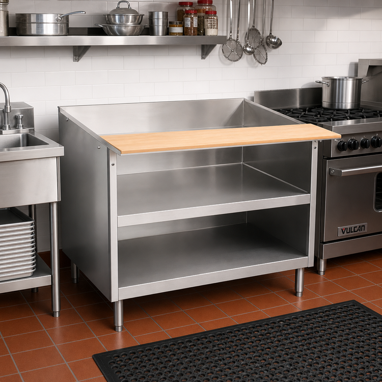 Product image #2 for 78-Inch x 30-Inch 304 Stainless Steel Open Cabinet Equipment Stand with Undershelf and Richlite Cutting Board