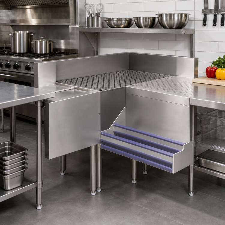 Product image #2 for Advance Tabco Prestige 90° Free-Standing Corner Filler with Removable Perforated Drainboard Top, 20 x 35-Inch