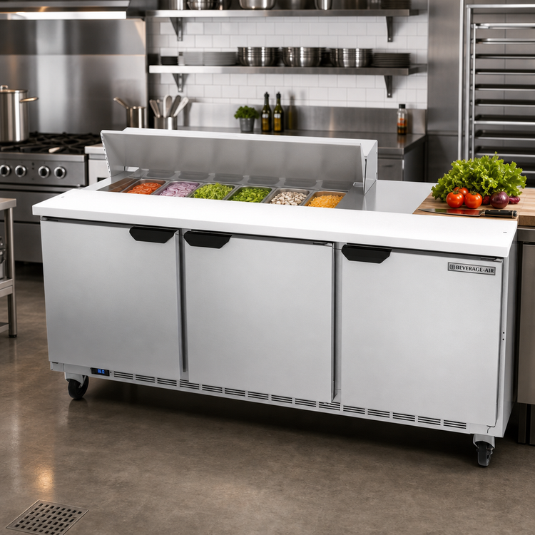 Product image #3 for Beverage-Air 72-Inch Three-Section Sandwich Top Refrigerated Prep Table with 3 Doors and 12-Pan Top
