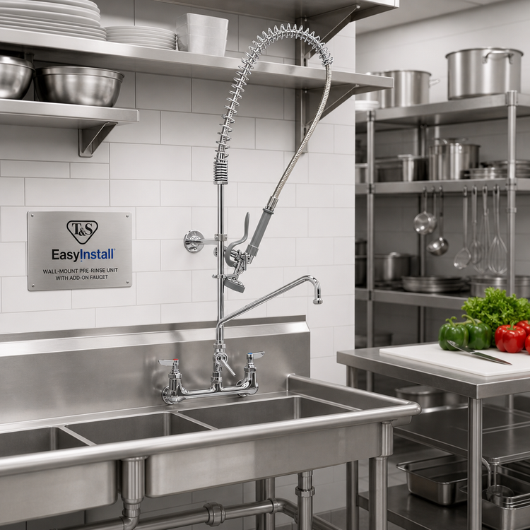 Product image #2 for T&S Brass EasyInstall Wall-Mount Pre-Rinse Unit with Add-On Faucet, Wall Bracket, 44-Inch Hose and 6-Inch Swing Nozzle